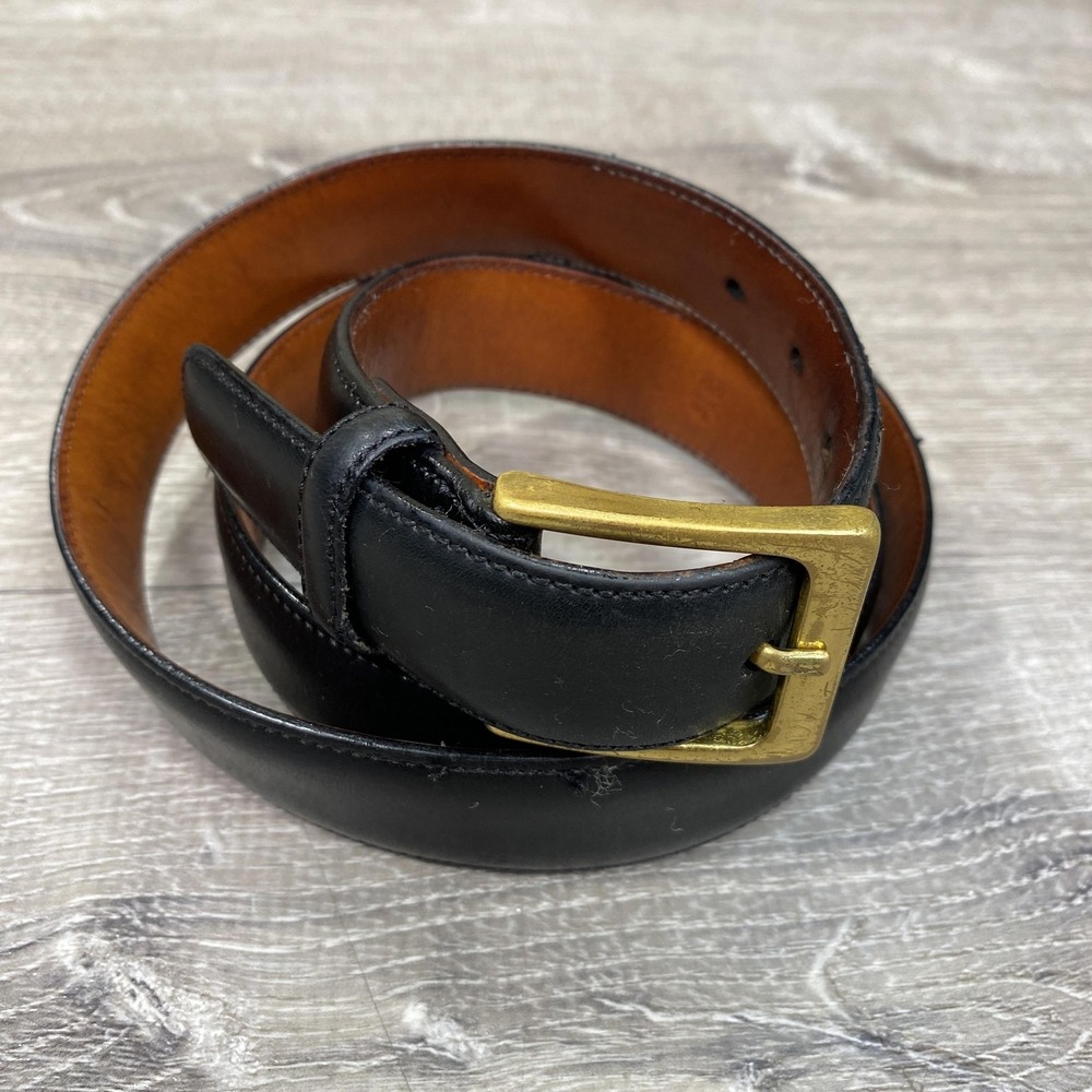 Trafalgar Belt Mens 38 Black Leather Brass‎ Buckle Hand Polished Dress Classic